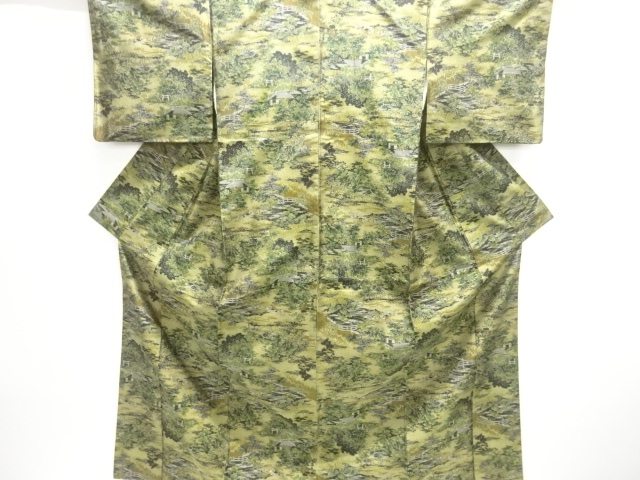 JAPANESE KIMONO / ANTIQUE KIMONO / SILK / HAND WOVEN TSUMUGI / HOUSES & TREES